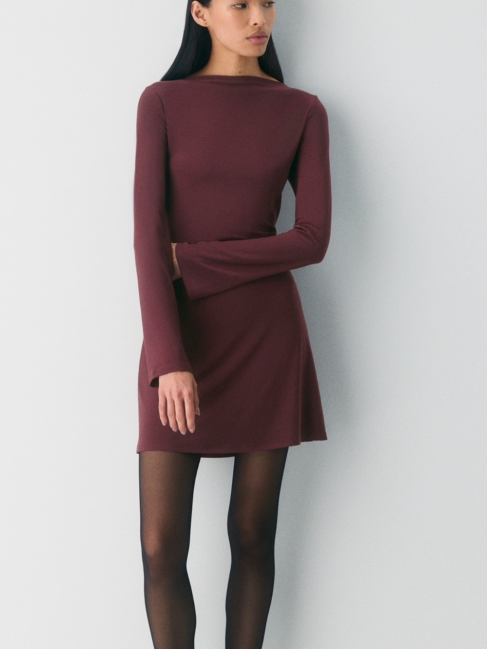Swan Dress - Long-Sleeve Boatneck Mini Dress in Burgundy